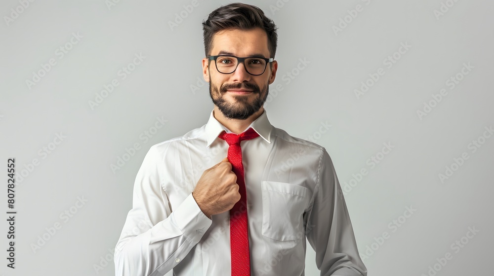 man in a red tie is smiling and posing for job interview