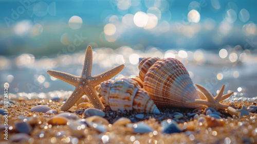 Close-up of colorful seashells and a starfish on a sunlit sandy beach with shimmering sea in the background. photo