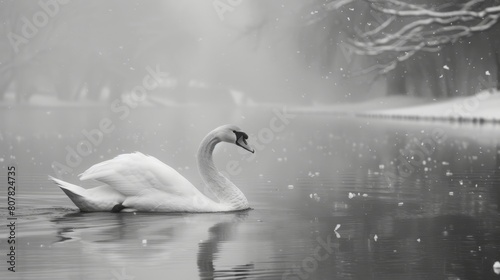 Elegant black and white swans gliding on the winter river in a stunning display of grace and beauty