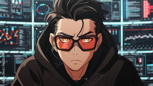 A malevolent hacker in glasses is depicted looking at multiple computer screens with a menacing expression, suggesting cyber mischief 8K , high-resolution, ultra HD,up32K HD