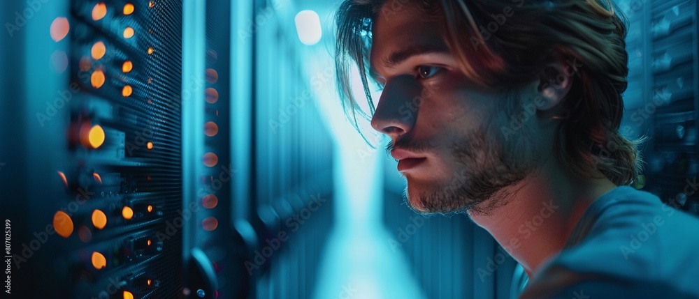 A young male IT specialist is shown configuring a server in a data center, focusing intently on the task at hand 8K , high-resolution, ultra HD,up32K HD