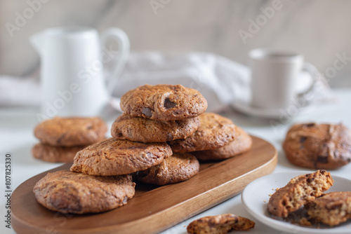 Stacked chocolate chip cookies close up