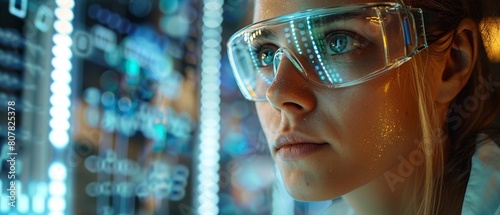 A young female scientist, wearing safety goggles, is depicted looking at a futuristic computer screen, engrossed in her research 8K , high-resolution, ultra HD,up32K HD photo