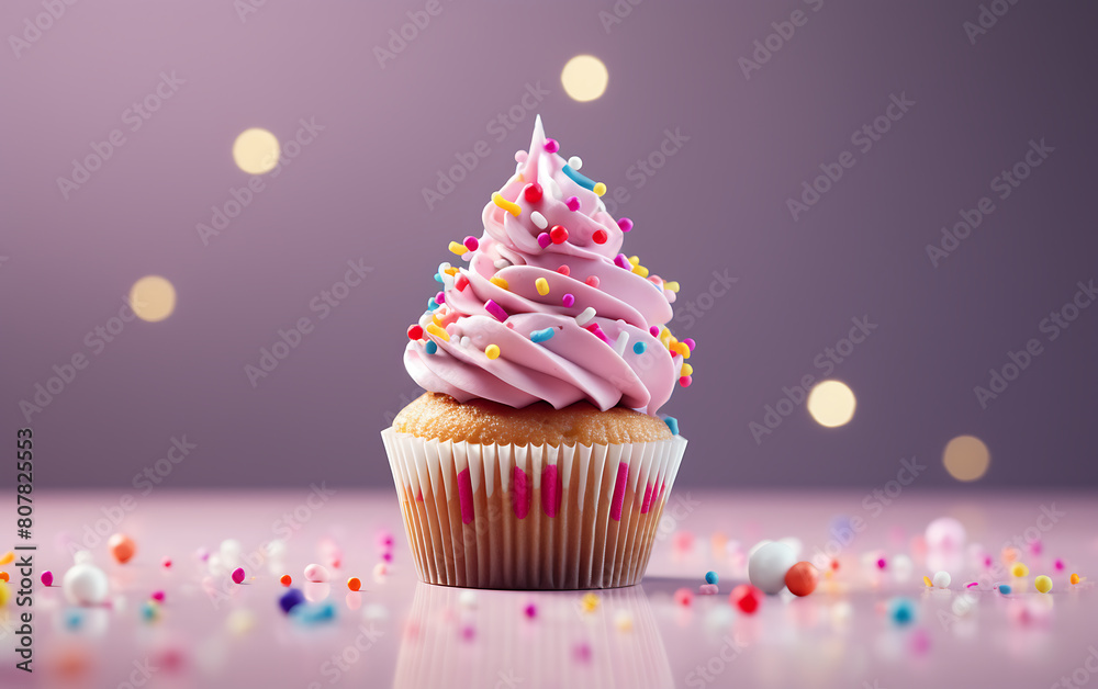 Cupcake with pink frosting and colorful sprinkles on pink background