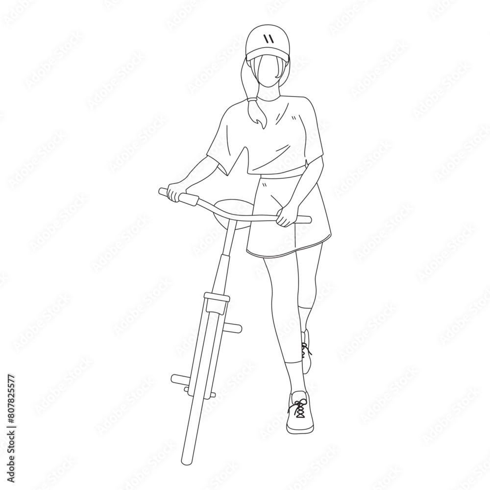 Beautiful girl with hair in skirt, t-shirt riding bike on white background in outline style for lifestyle, posters, wallpapers, icons Beautiful girl with hair in skirt, t-shirt riding bike on white background in outline style for lifestyle, posters, wallpapers, icons