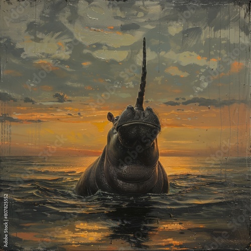 A hyperrealistic Narwhal silhouette emerges from water under an overexposed sky, blending modern and mythical elements.