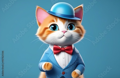Fashionable and stylish red cat in a red bow tie  blue hat and jacket on a blue background  close-up  cartoon character