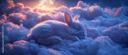 In the image, a cute bunny is shown sleeping on a soft cloud, with fluffy clouds and a starfilled sky surrounding it photo