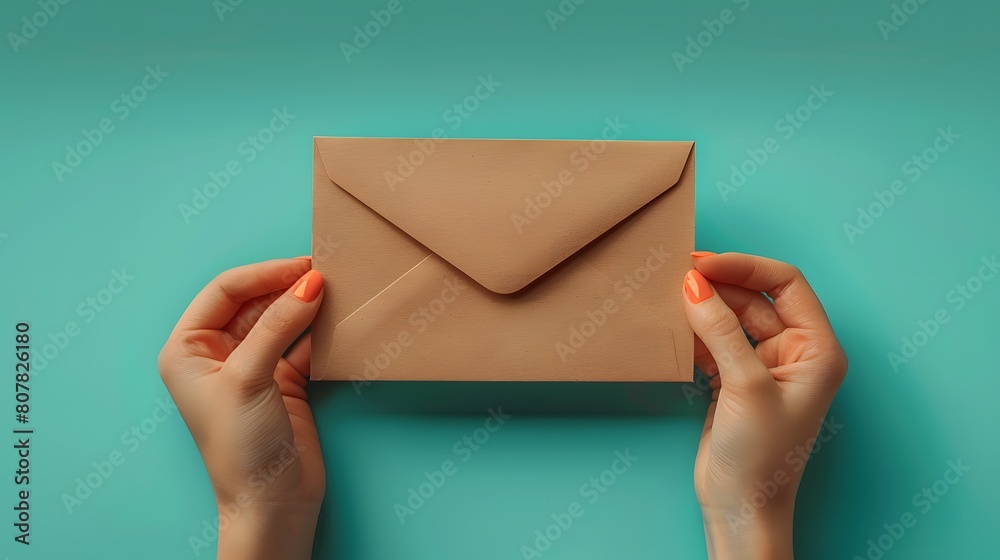 Female manicured hand, holding envelope,over pastel blue background
