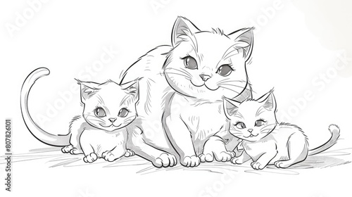 line art cat with two kittens AI generated