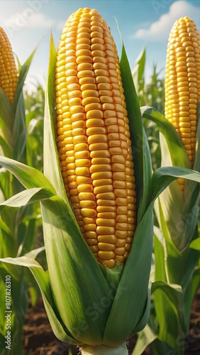 Ripe Corn Cob in Sunlit Farm Field Close-up  A Fresh Harvest of Organic Maize