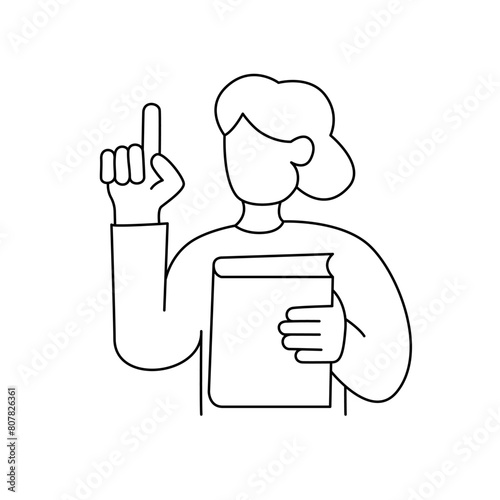 Teacher holds book and pointing up. Editable stroke