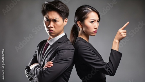 怒っているスーツ姿の若い日本人男性と女性 photo