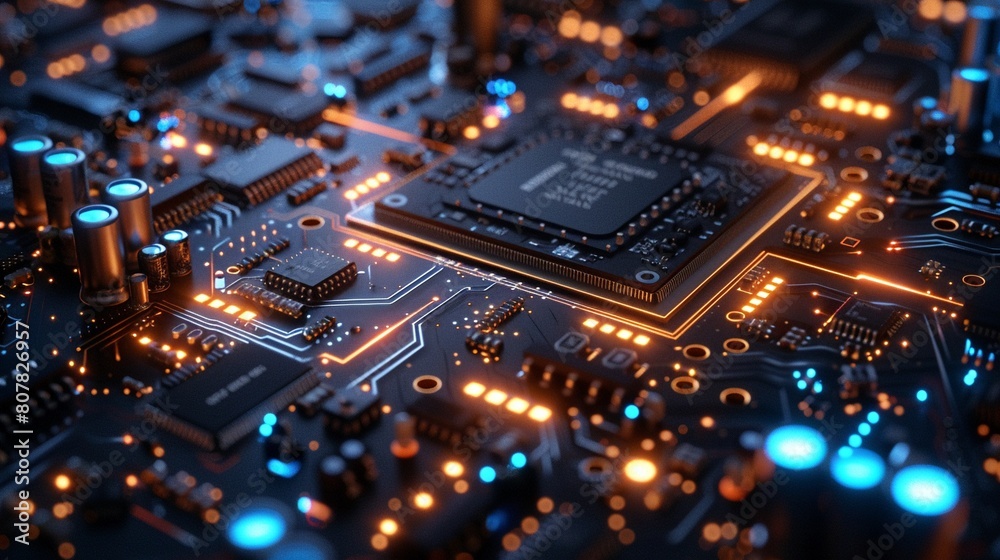 A closeup of a computer circuit board, illuminated by blue lights, giving it a futuristic appearance 8K , high-resolution, ultra HD,up32K HD A closeup of a computer circuit board, illuminated by blue lights, giving it a futuristic appearance 8K , high-resolution, ultra HD,up32K HD