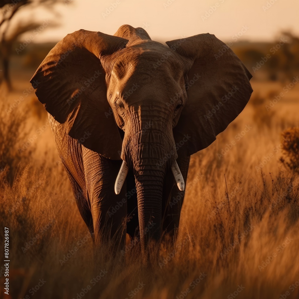 Obraz premium African elephant and the setting sun with the iconic savannas in the background