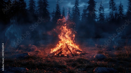 Blazing campfire in a dark forest at night