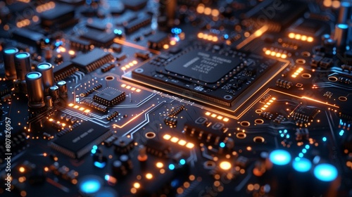 A closeup of a computer circuit board, illuminated by blue lights, giving it a futuristic appearance 8K , high-resolution, ultra HD,up32K HD