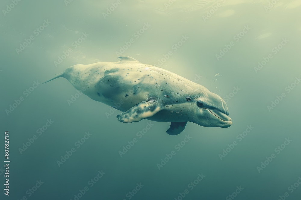 Obraz premium Finless Porpoise breaks the surface in hyperrealism under a bleached sky, mystical and modern fusion of pink and yellow. Trunk shot adds mystery.