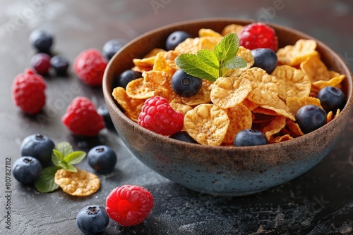 Cornflakes with fresh berries in bowl