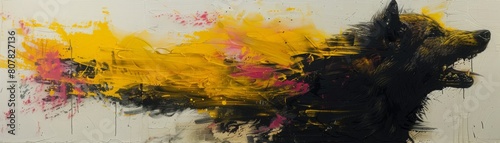 Mystical Fenrir emerges from a barren landscape  blending modernity with myth in pink and yellow hues. 750.