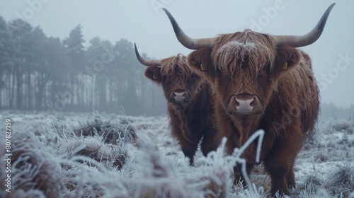 Highland cow in a snowy field looking at camera