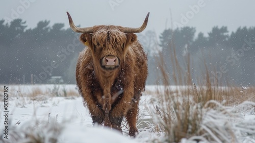 Highland cow in a snowy field looking at camera photo