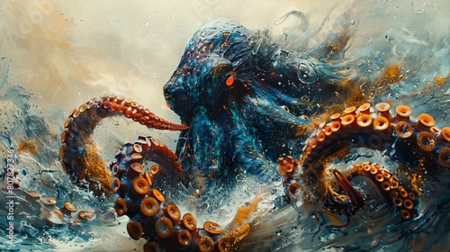 A Kraken emerges from the sea under a bleached sky in a hyperrealistic and mysterious portrayal, blending modern and mystical elements in Prussian blue, orange, and mustard tones.