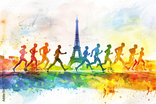 Silhouettes of athletes with the Eiffel Tower, capturing the Olympic spirit in Paris in watercolor style 