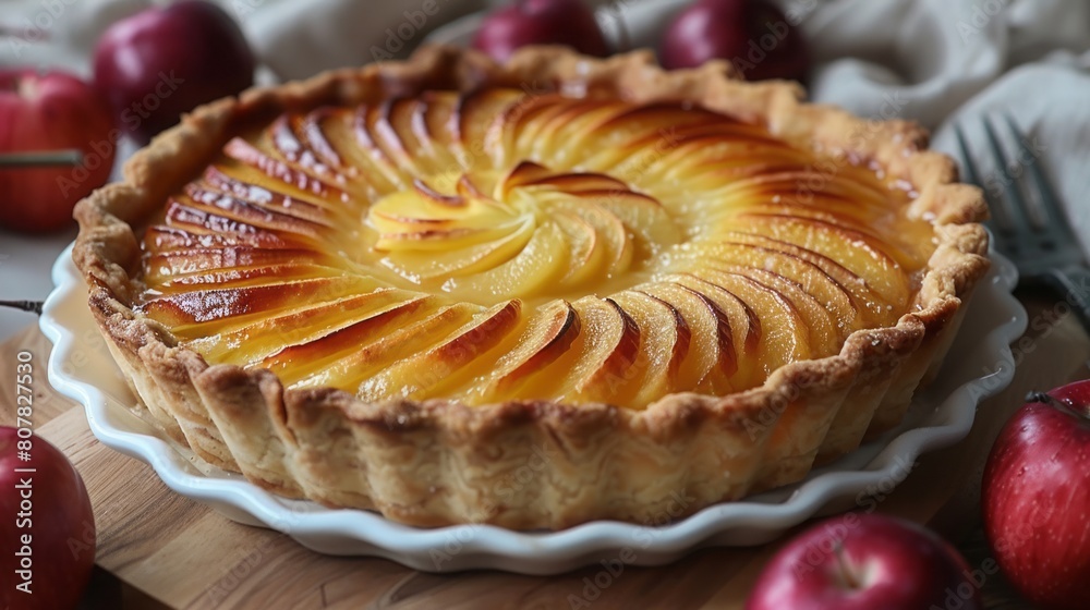 Tarte normande on white dish. Tarte normande on white dish.