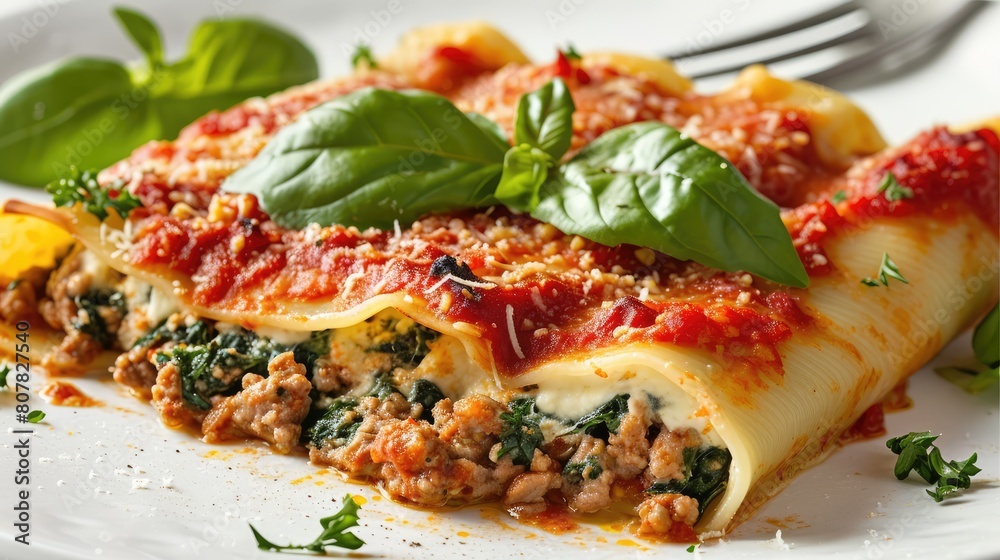 Cannelloni Pasta with Ricotta, Minced Beef, Spinach Isolated on White Background