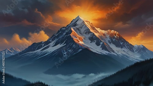 Sunset in Snowy Mountains. unset Over Snow-Capped Mountain Peak With Dramatic Orange Sky, Ideal For Web Banner Wallpaper Backgrounds In Travel  Tourism and Nature Explore Themes. photo