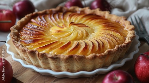 Tarte normande on white dish. 