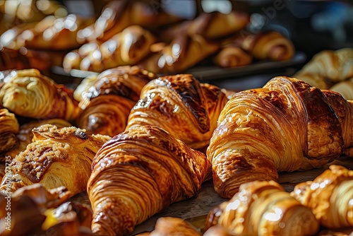 Many Croissant Texture Background, Fresh Puff Pastry Pies Pattern, Sweet Kipferls, Buttery Viennoiseries photo