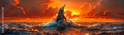 Narwhal's silhouette emerges in hyperrealistic style, under a bleached sky, blending modern and mystical elements in teal and tangerine hues. © chakrapong