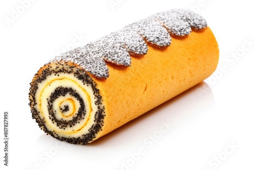Poppy Seed Swiss Roll, Round Sponge Cake Isolated, Sliced Rolled Vanilla Biscuit with Poppy Seeds Filling