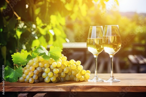 White Wine Glass on Ripe Bunch of Grapes Background in Sunny Day, Wineglass with Drink