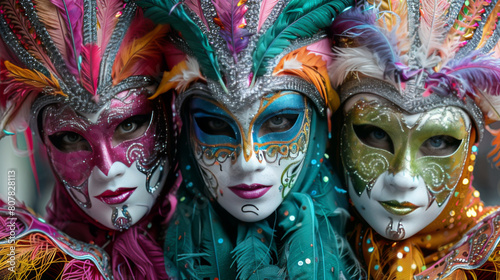 Three people wearing ornate Venetian masks during a carnival, displaying vibrant feathers and intricate designs.