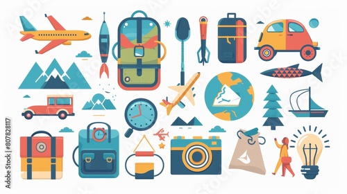 Collection of colorful summer travel icons. plane, car, train, bag, backpack, camera, map