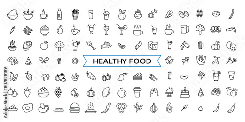 Thin Line Icon Set of Healthy Food  Halal  Kosher  Vegan food. Contains such Icons as Lactose  Gluten and Sugar Free  non GMO  NON Palm oil. Outline icons pack.