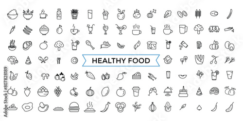 Thin Line Icon Set of Healthy Food, Halal, Kosher, Vegan food. Contains such Icons as Lactose, Gluten and Sugar Free, non GMO, NON Palm oil. Outline icons pack.