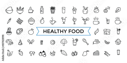 Thin Line Icon Set of Healthy Food, Halal, Kosher, Vegan food. Contains such Icons as Lactose, Gluten and Sugar Free, non GMO, NON Palm oil. Outline icons pack.