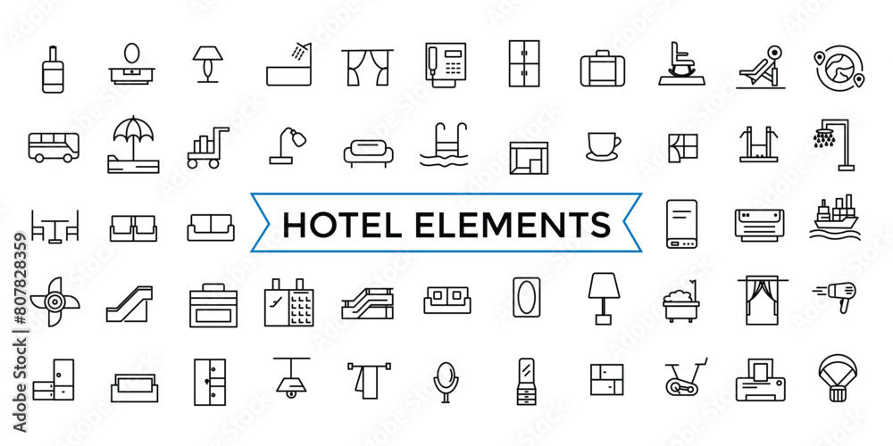 Hotel elements - thin line web icon set. outline icons pack. Icon collection. Editable vector icon and illustration. Hotel elements - thin line web icon set. outline icons pack. Icon collection. Editable vector icon and illustration.