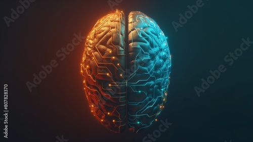 3D rendering of the left and right half brain in an isometric view with circuitry and data flowing between them on a dark background. Concept for artificial intelligence  technology or innovation 