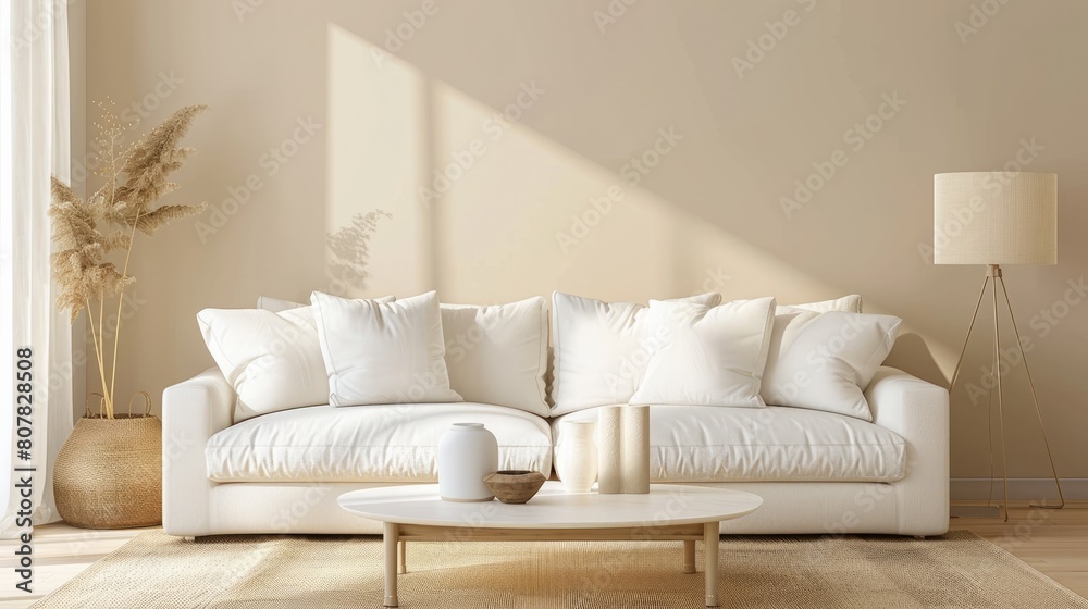 Cozy white sofa and coffee table with lamp near beige wall 