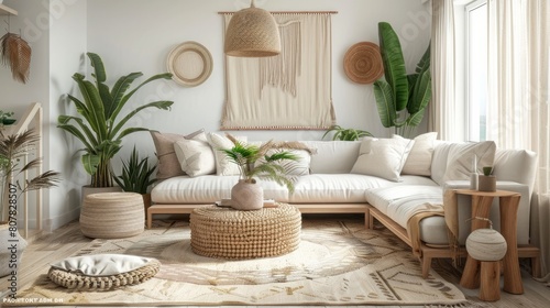 Boho cozy living room design, bright wall mockup, 3d render, 3d illustration 
