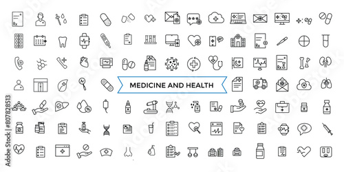 Medicine and Health symbols line web icon set. Outline icons pack. Icon collection. Editable vector icon and illustration.