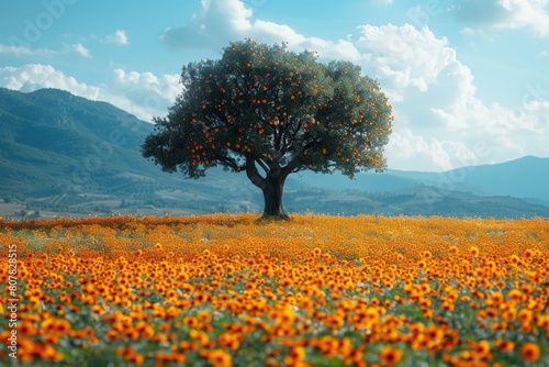 Wallpaper Mural A vibrant image featuring a solitary tree surrounded by a sea of orange flowers, under a blue sky with clouds Torontodigital.ca