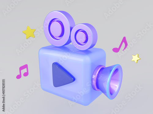 3D video camera with note for live streaming. Cartoon film recorder. 3d render illustration.