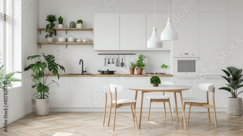Dining room and kitchen interior wall mock up on white background  3D rendering  3D illustration 