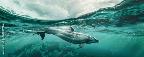 Risso's Dolphin breaches under a bleached sky, blending modern and mystical elements in teal and tangerine hues. © chakrapong